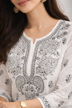 Karigiri White Chikankari Cotton Kurti 3/4 Sleeve_KF0204