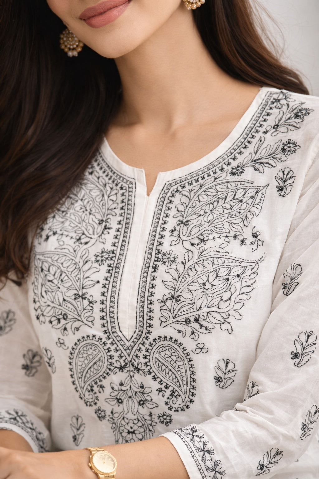 Karigiri White Chikankari Cotton Kurti 3/4 Sleeve_KF0204