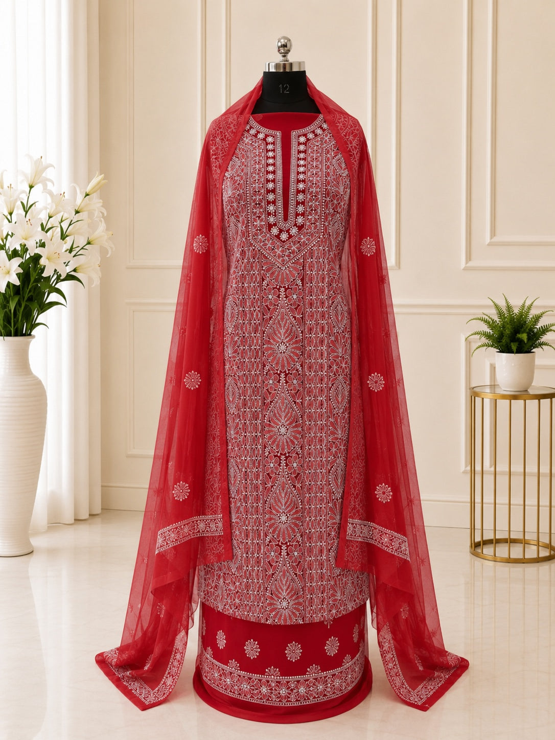 Karigiri Red Chikankari Georgette Unstitched Dress Material