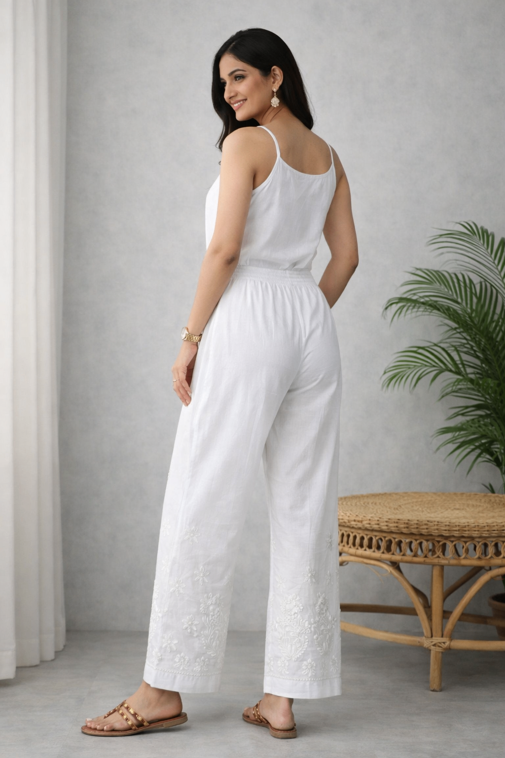 Karigiri White Chikankari Cotton Palazzo Pants_KF0208