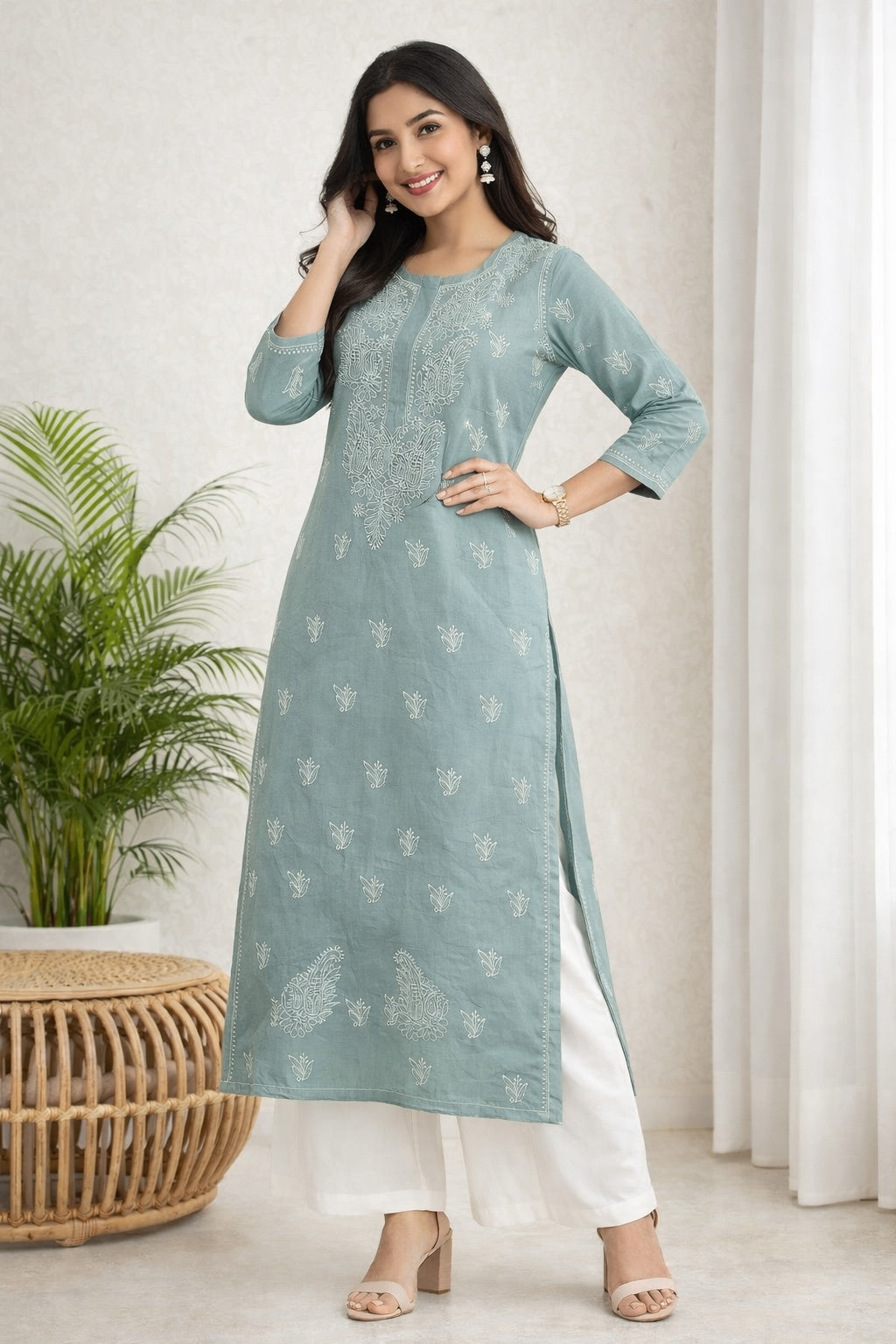Karigiri Grey Chikankari Cotton Kurti Women_KF0042