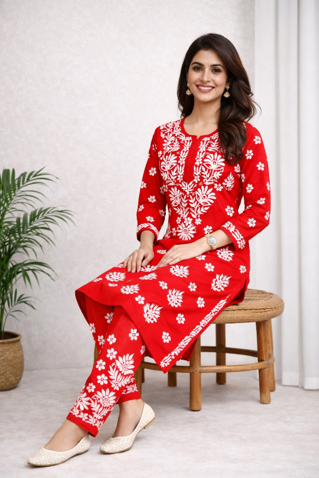 Karigiri Red Floral Chikankari Kurti Set Soft Mulmul Cotton_KF0170